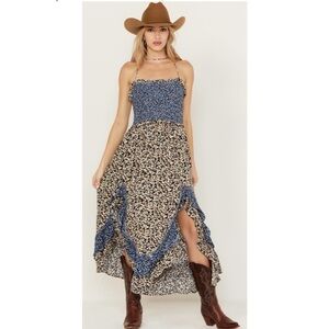 Free People One I Love Maxi Dress Denim Blue Floral Ruffle Smock Prairie Boho